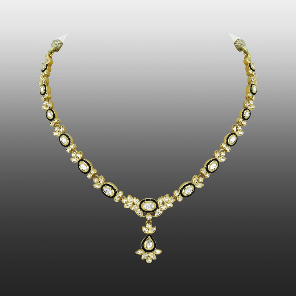 Polki Necklace with Black Meena Oval Motif